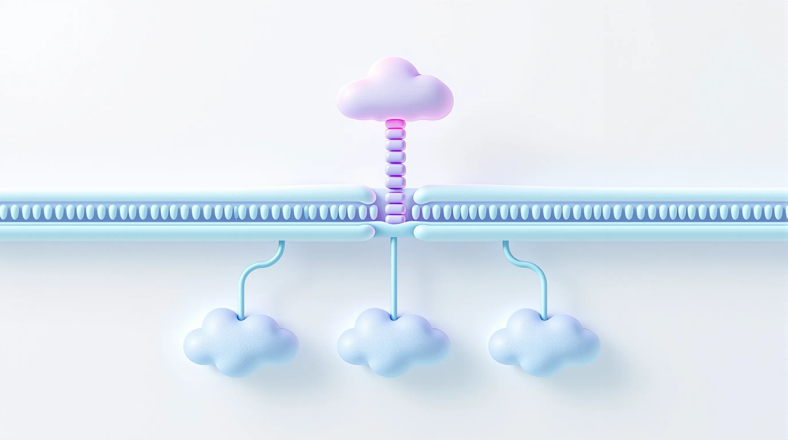 Soft cloud-form diagram of the GHS-R1a seven-segment receptor with a magenta-glowing bound ligand and three midnight-blue downstream routing lines on cool white